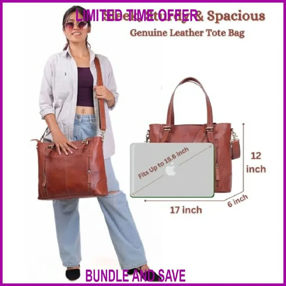Genuine Leather Laptop Tote Bag for Women - 17